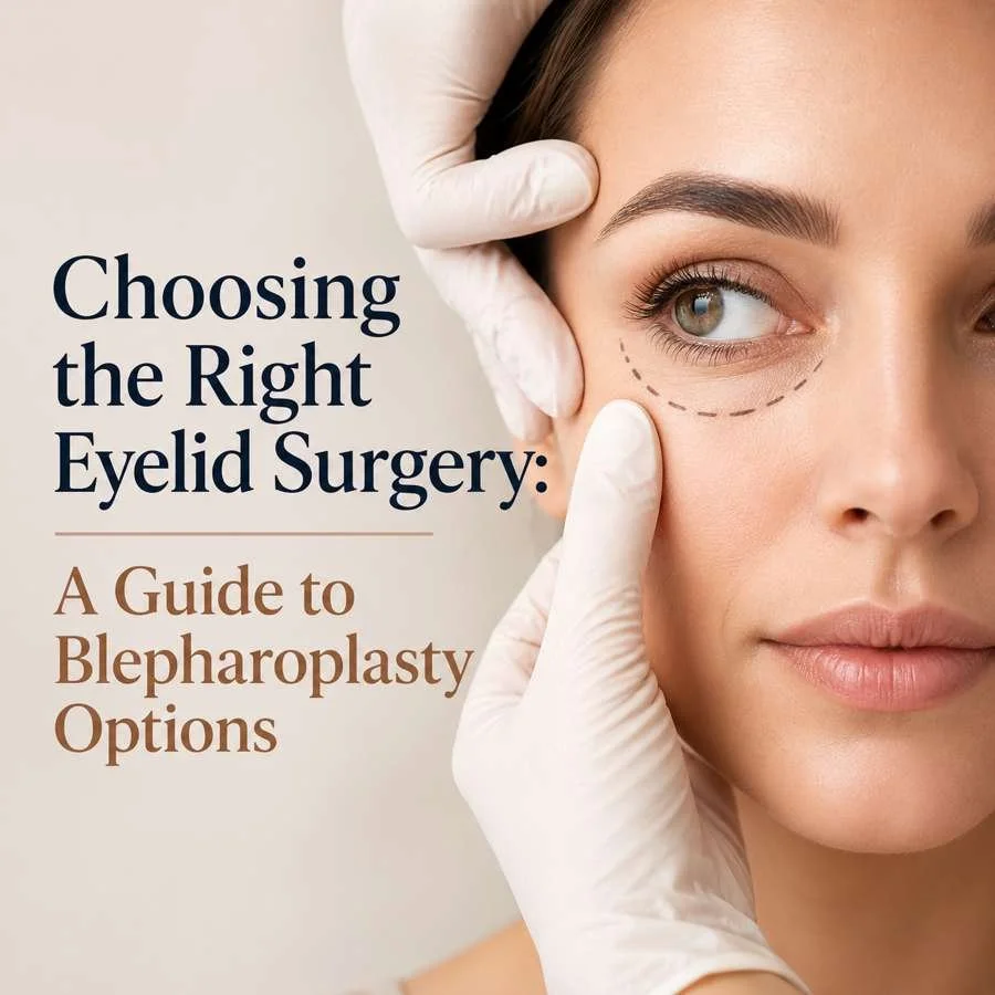 Blepharoplasty consultation showing eyelid surgery markings with surgeon hands positioning skin around the eye for cosmetic planning