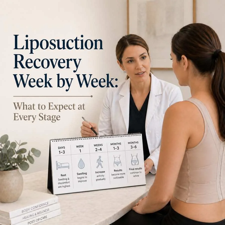Doctor explaining liposuction recovery timeline to patient with visual week-by-week stages during consultation