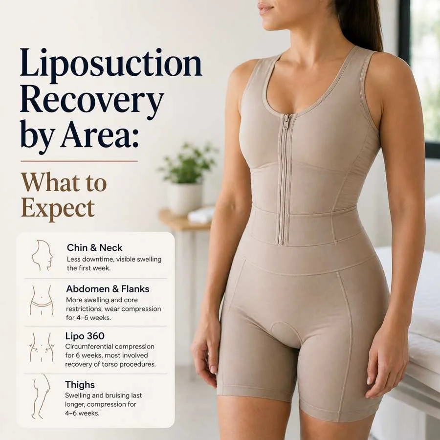Patient wearing compression garment after liposuction showing recovery process across different treatment areas