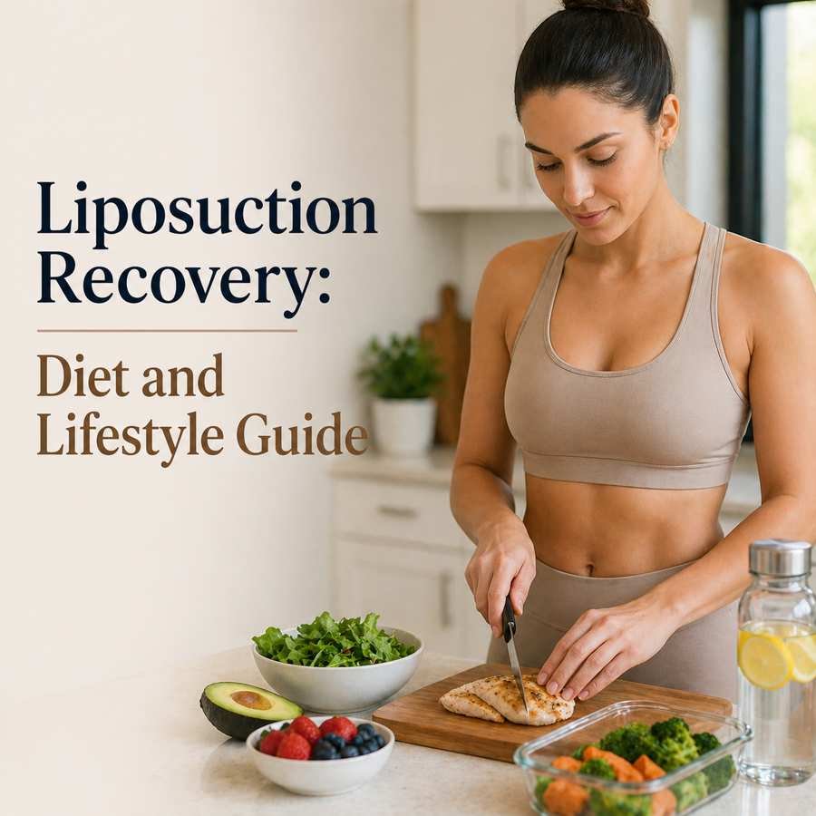 Healthy meal preparation after liposuction showing high-protein foods and clean nutrition to support recovery and long-term results