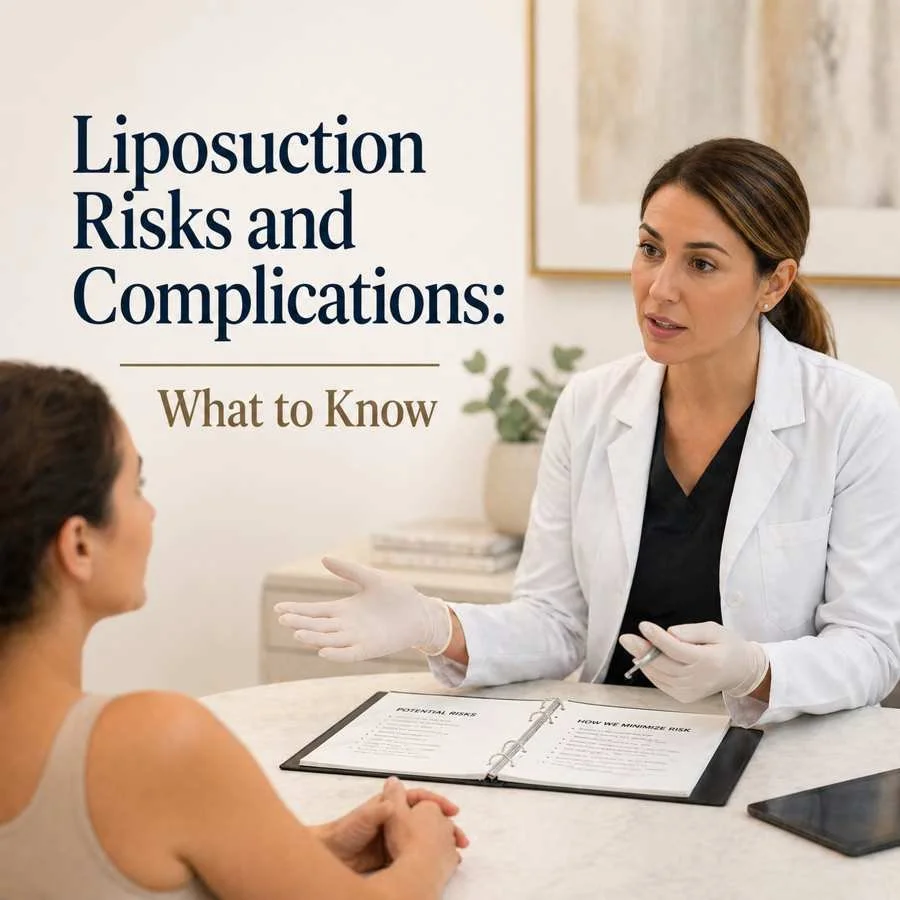 Liposuction consultation with doctor explaining risks and complications to patient in clinical setting