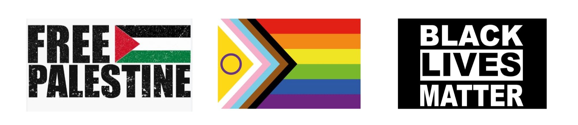 Flag from left to right: Free Palestine, LGBTQ, Black Lives Matter