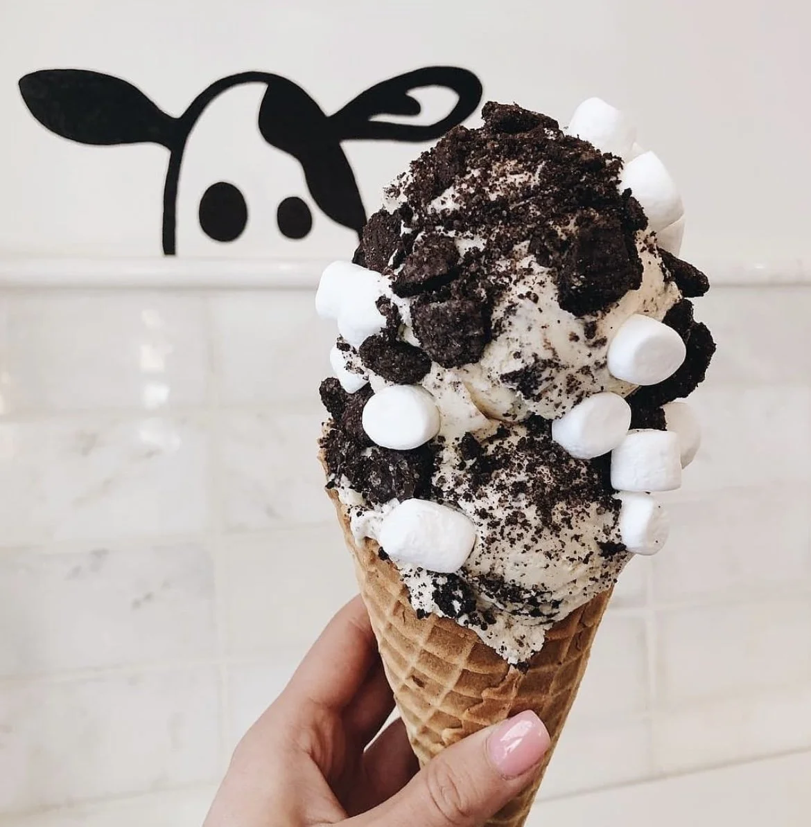 Cookies and cream ice cream on a cone topped with mini marshmallows and oreo crumbled pieces.