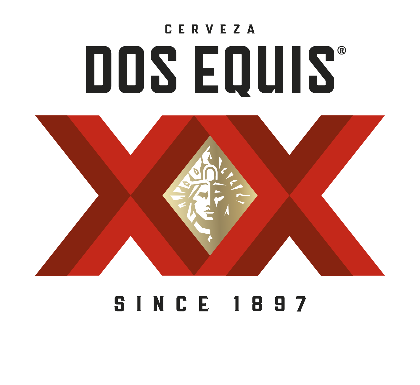 Logo for Dos Equis beer featuring a red X with a gold diamond-shaped emblem of a stylized face with a headdress in the center, with the text 'Cerveza Dos Equis Since 1897' above and below.