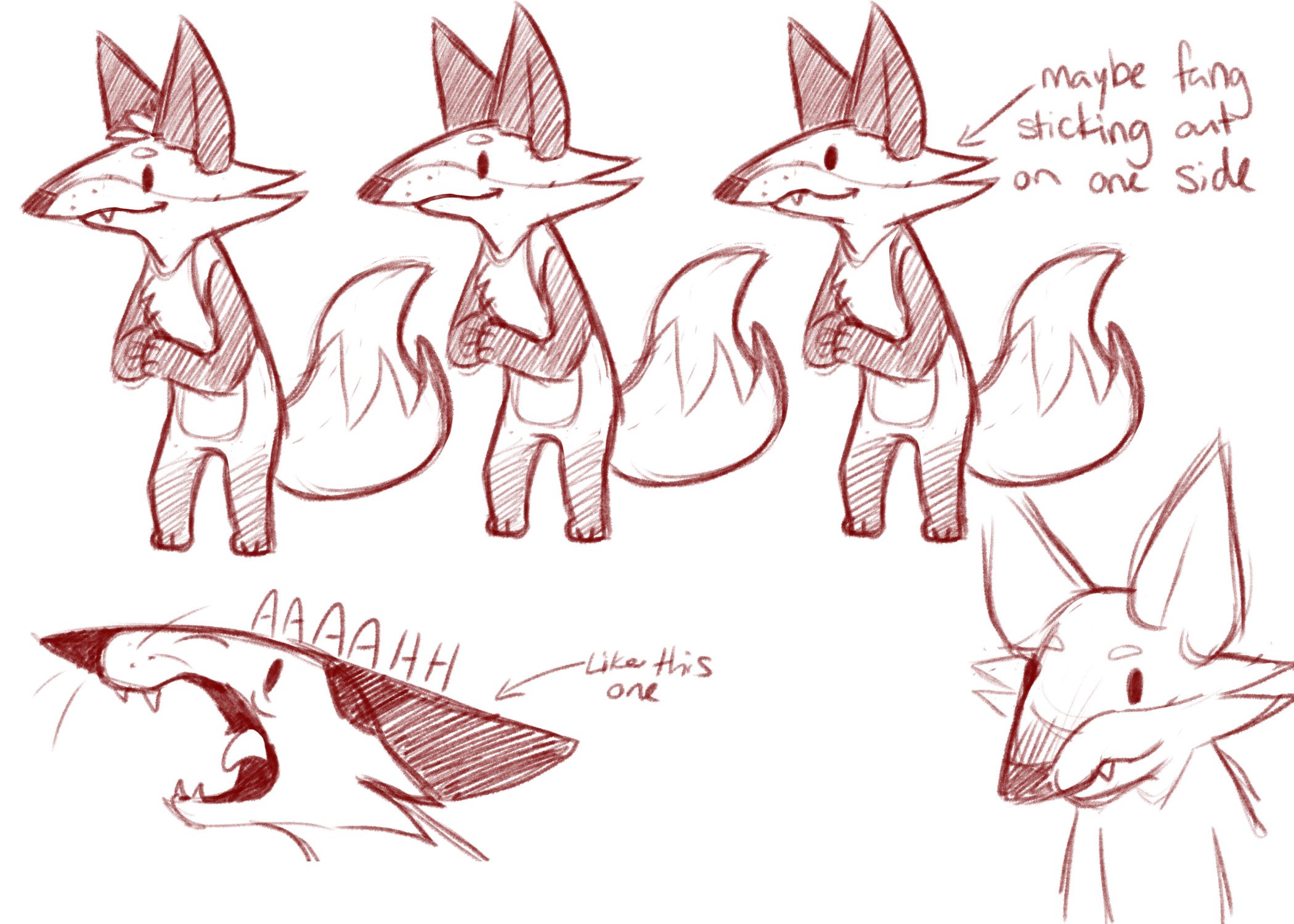 The second round of rough sketches for Russell. I really liked the tuft of fur on his head and the little fang poking out, but they were ultimately removed to make the design simpler and easier to rig.