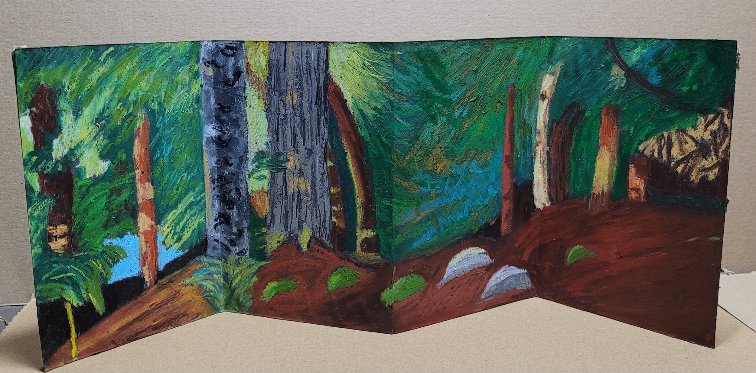 Long Pond Sunset, February 2024, Oil pastel, each connected panel is 4 in. x 6 in.
