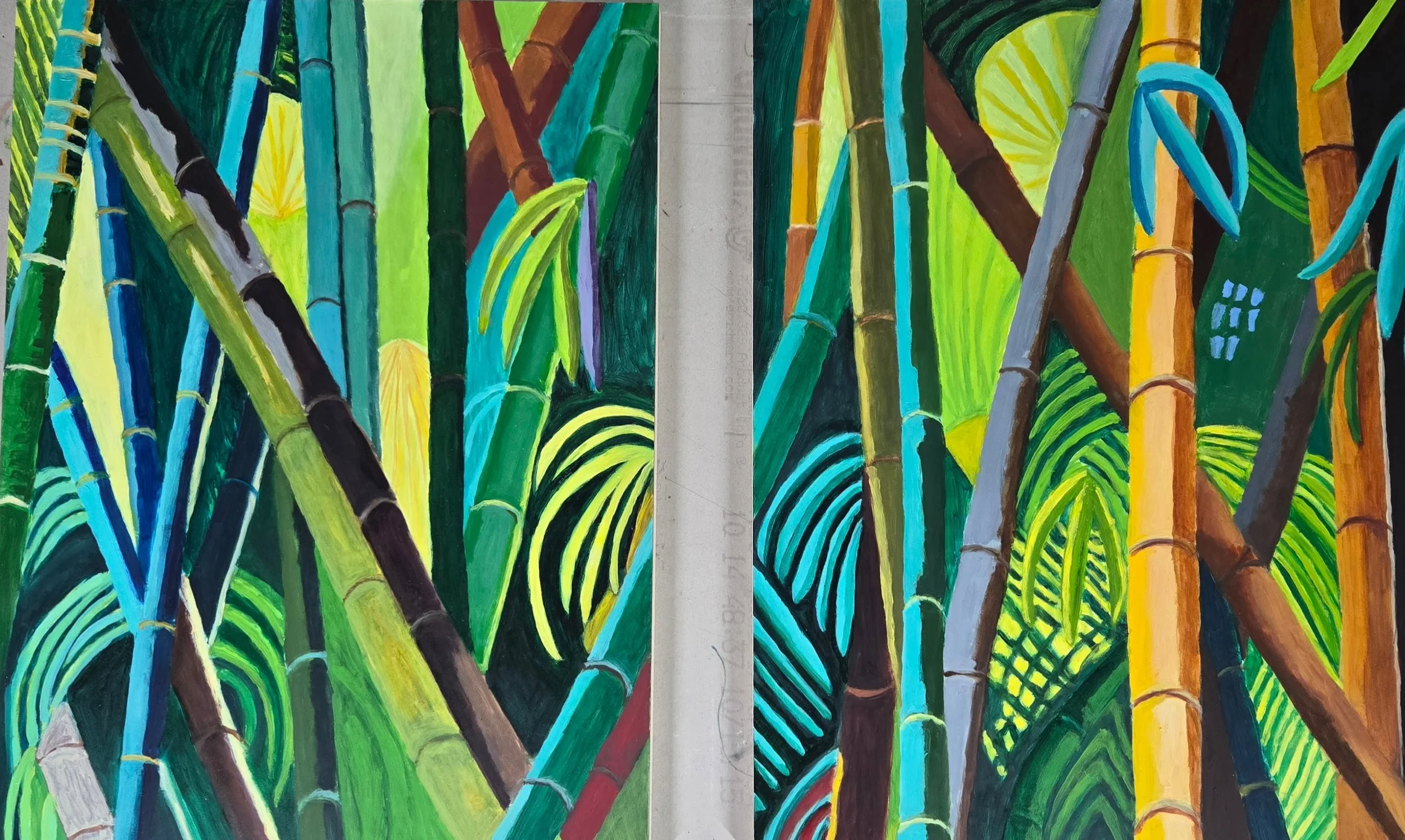 Florida Bamboo diptych, June 2025, oil on panels, each panel 18 in. x 24 in.