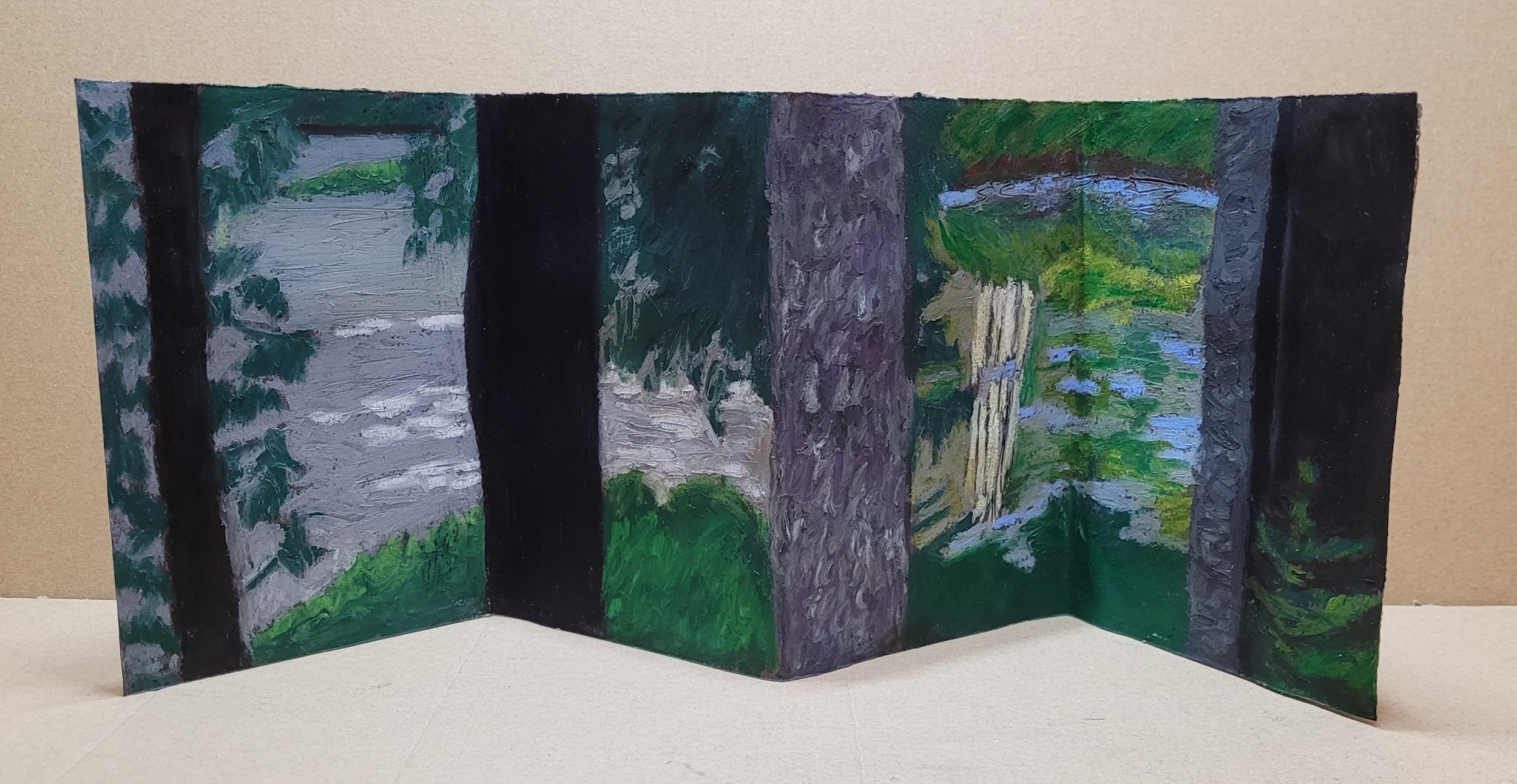 Through, February 2024, Oil pastel, each connected panel is 4 in. x 6 in.