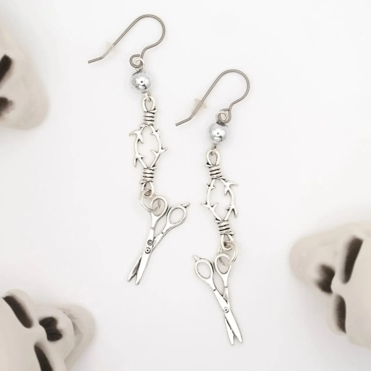 Barbed Wire Scissors Silver Earrings