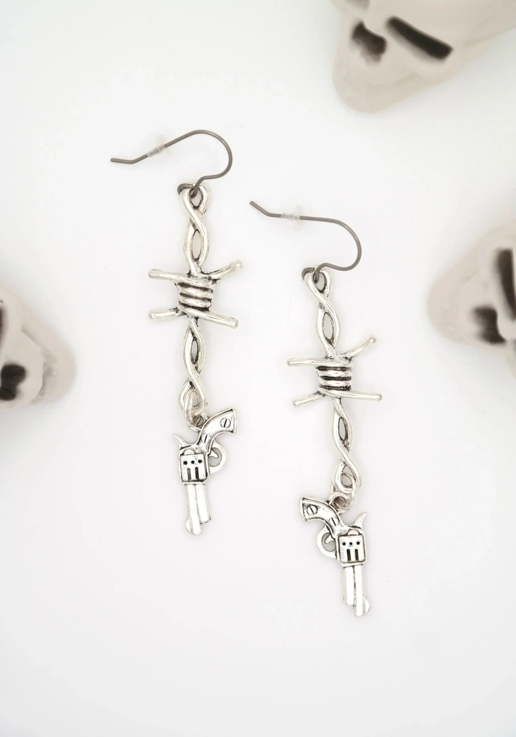 Barbed Wire Pistols Silver Earrings
