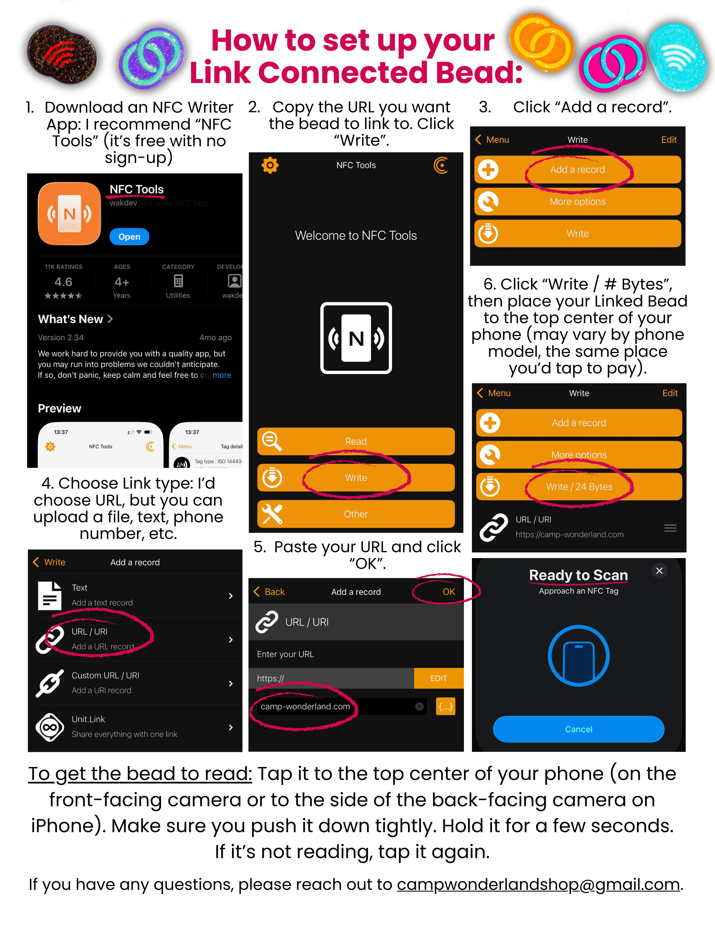 How to set up your Link Connected Bead: 1. Download an NFC Writer App: I recommend “NFC Tools” (it’s free with no sign-up). If you have any questions, please reach out to campwonderlandshop@gmail.com.