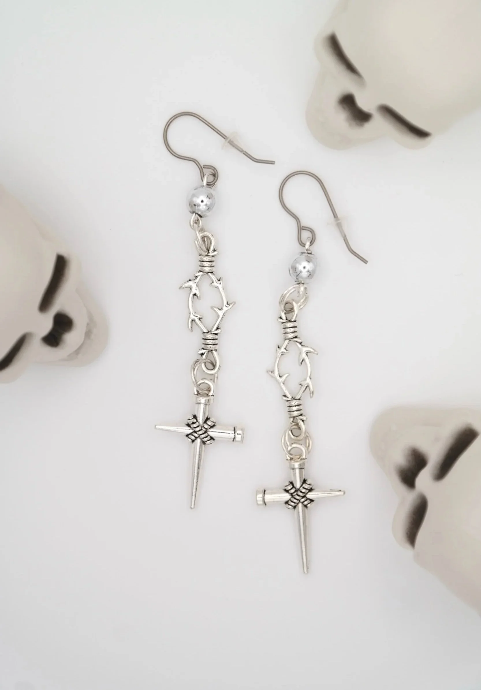 Barbed Wire Crosses Silver Earrings