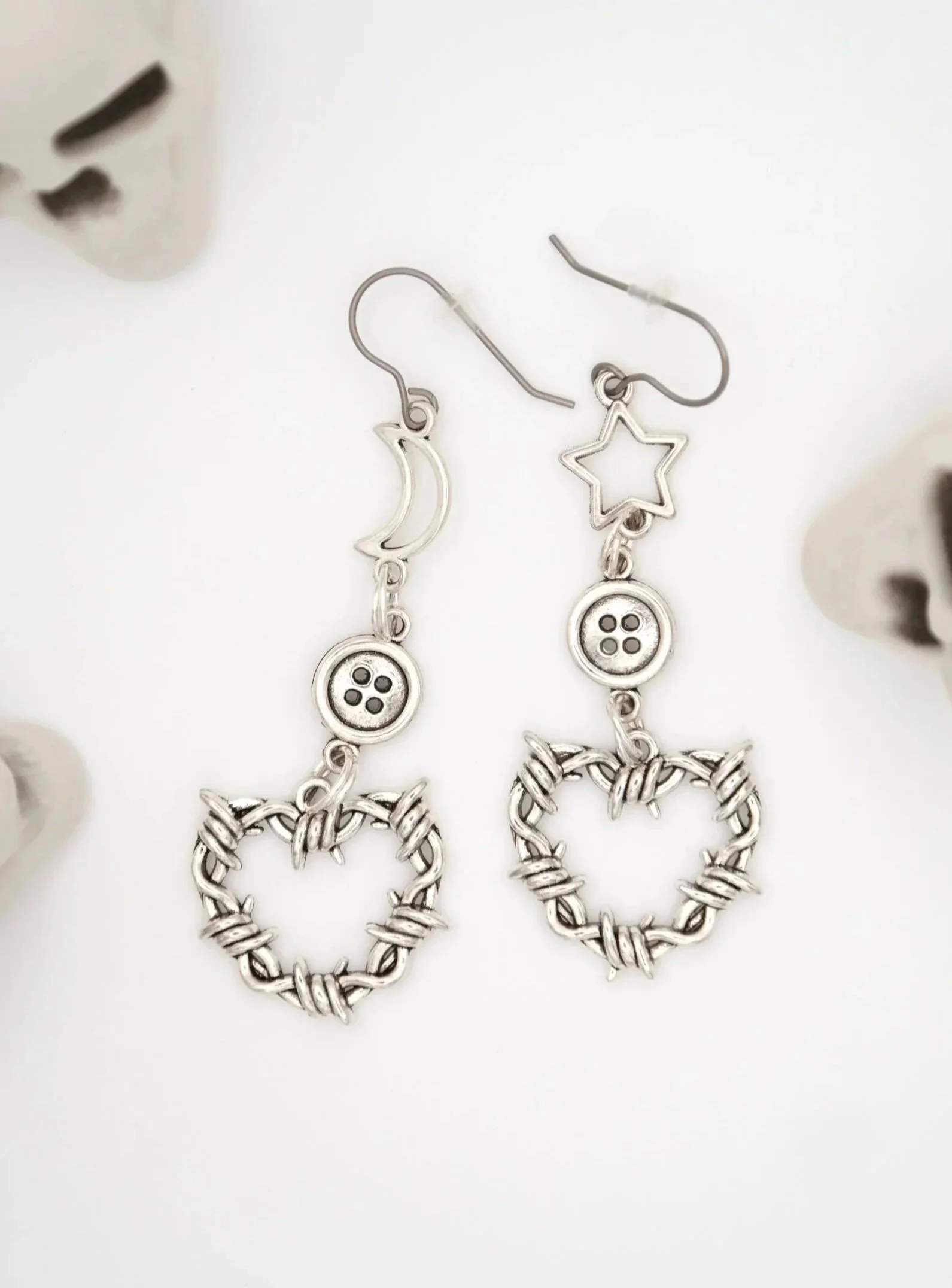 Coraline's Barbed Wire Hearts Silver Earrings
