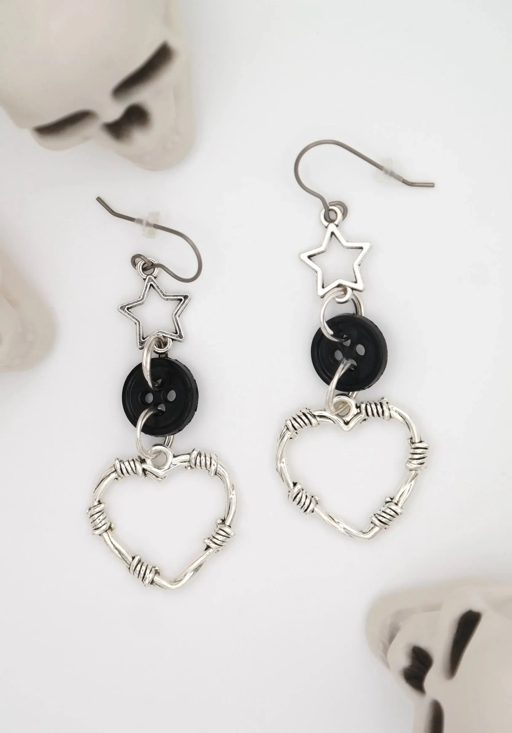 Barbed Wire & Buttons Silver/Black Earrings