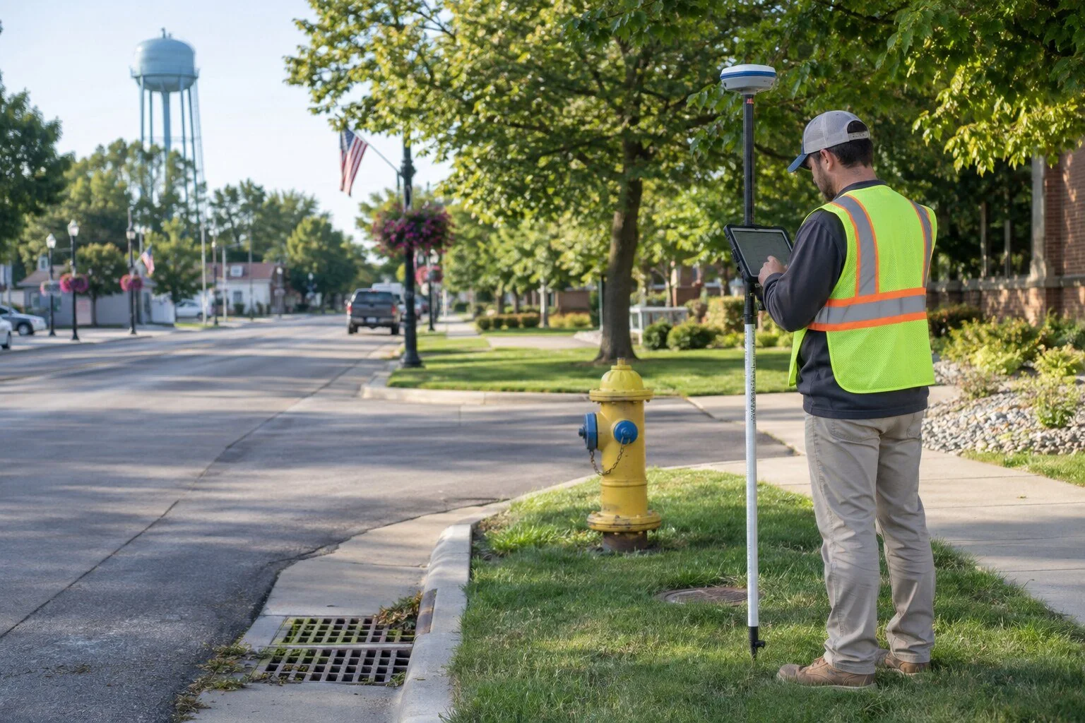 GIS field technician using survey-grade GPS beside a fire hydrant.