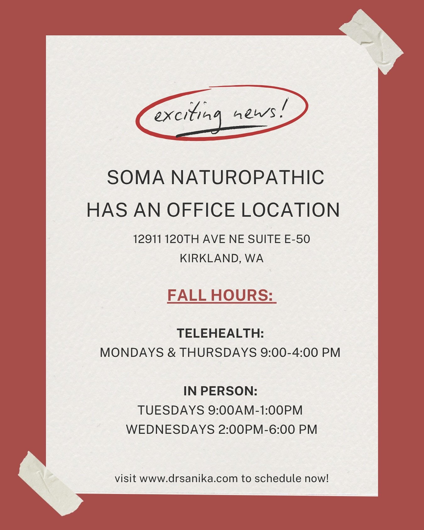 Starting next week, my medical practice will officially be open for in person visits!👩🏽&zwj;⚕️

Fall In Person Hours: Tuesdays and Wednesdays! 🍁