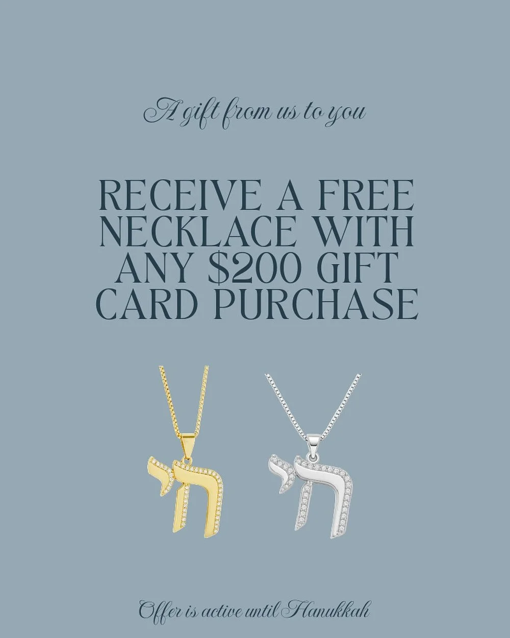 A gift within a gift 💞 receive a Chai luxe necklace, by @bityjewelry, with any $200 gift card purchase 

Offer is active from now 'til Hanukkah 🩵