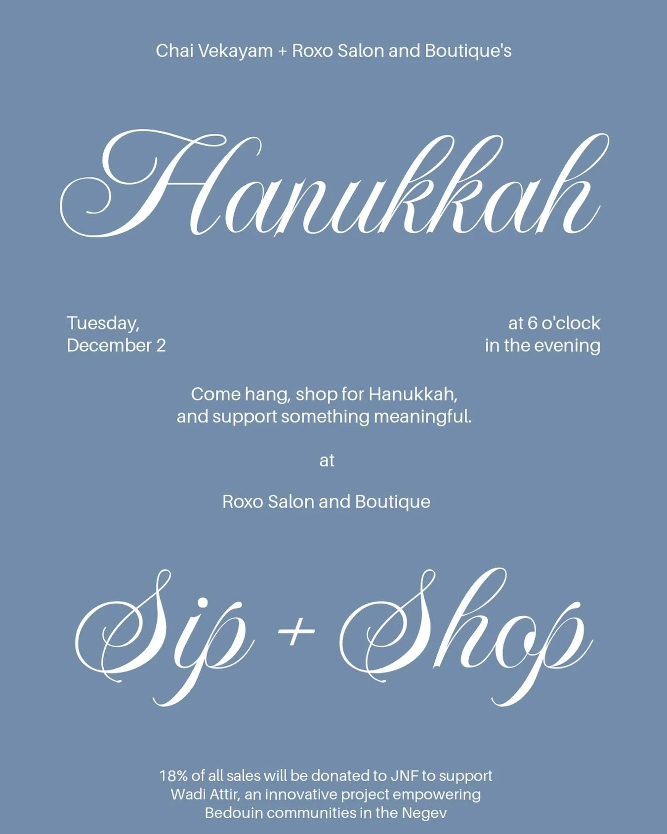 Sip, sparkle, repeat ✨ We&rsquo;re popping up at @roxosalon with Chai Vekayam sweats + winter cozies, a @charmiclub charm bar, bites, bubbly, and community.

🕎 18% of every purchase goes to JNF for Wadi Attir.

Come hang, shop for Hanukkah, and supp