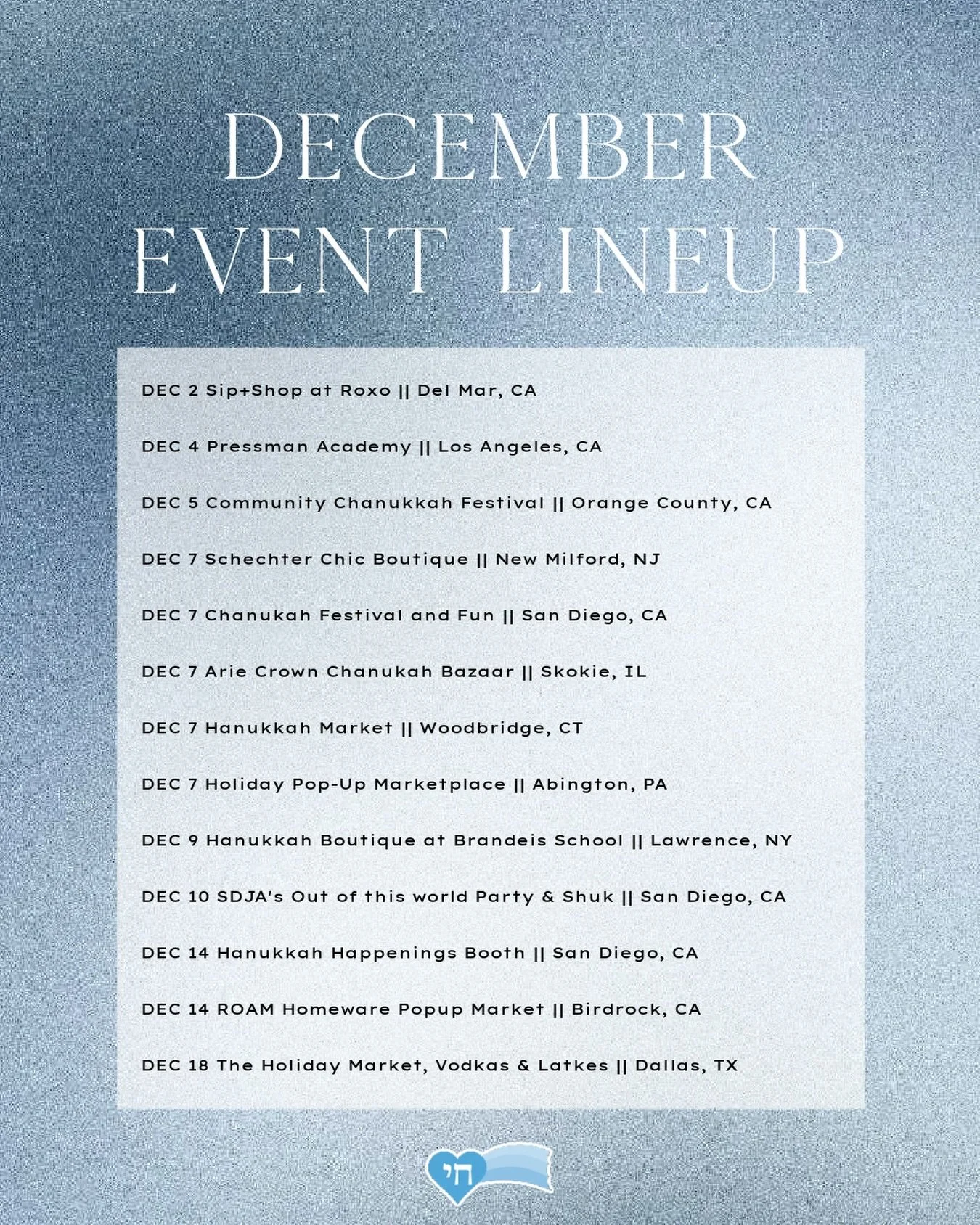 Your December event guide is here! Catch us at markets, festivals, and holiday pop-ups across the country all month long. Can&rsquo;t wait to see you and celebrate this season of light together 🩵