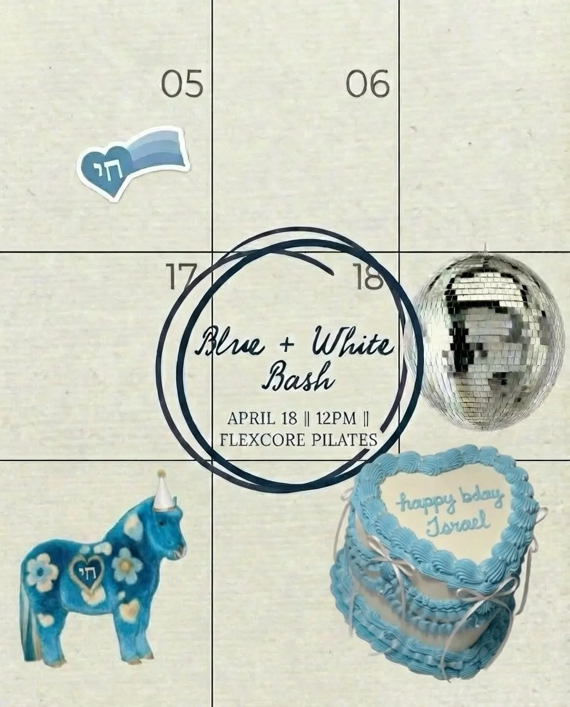 We&rsquo;re throwing Israel a birthday party &mdash; and we&rsquo;re doing it on the mat.

Blue + White Bash, this Saturday, April 18 at 12PM at Flexcore Pilates.

78 years of life, strength, and resilience. Come move for it, celebrate it, do it with