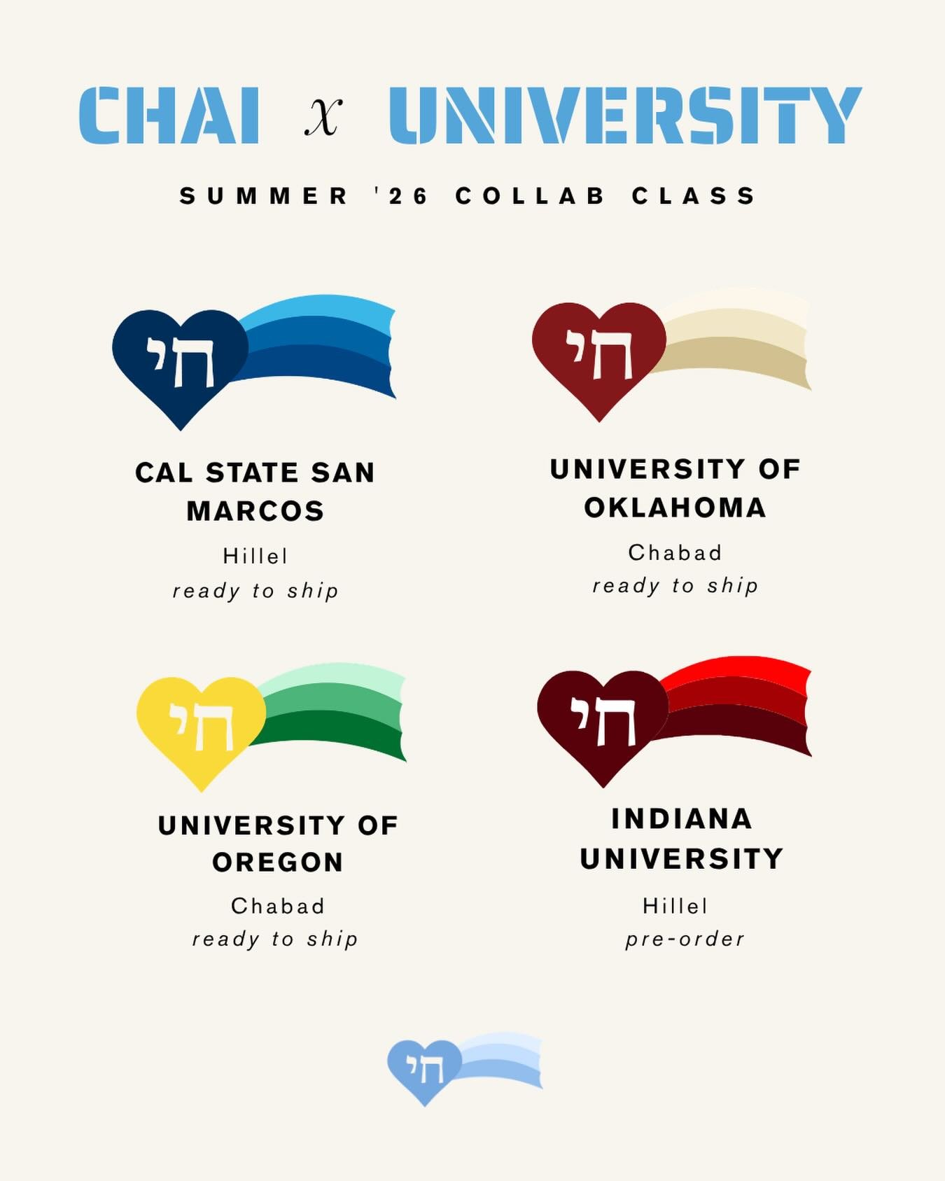 INTRODUCING THE CHAI VEKAYAM COLLEGE COLLAB CLASS OF SUMMER &lsquo;26

four universities. four unique colorways. now available to shop on chaivekayam.org 🤍