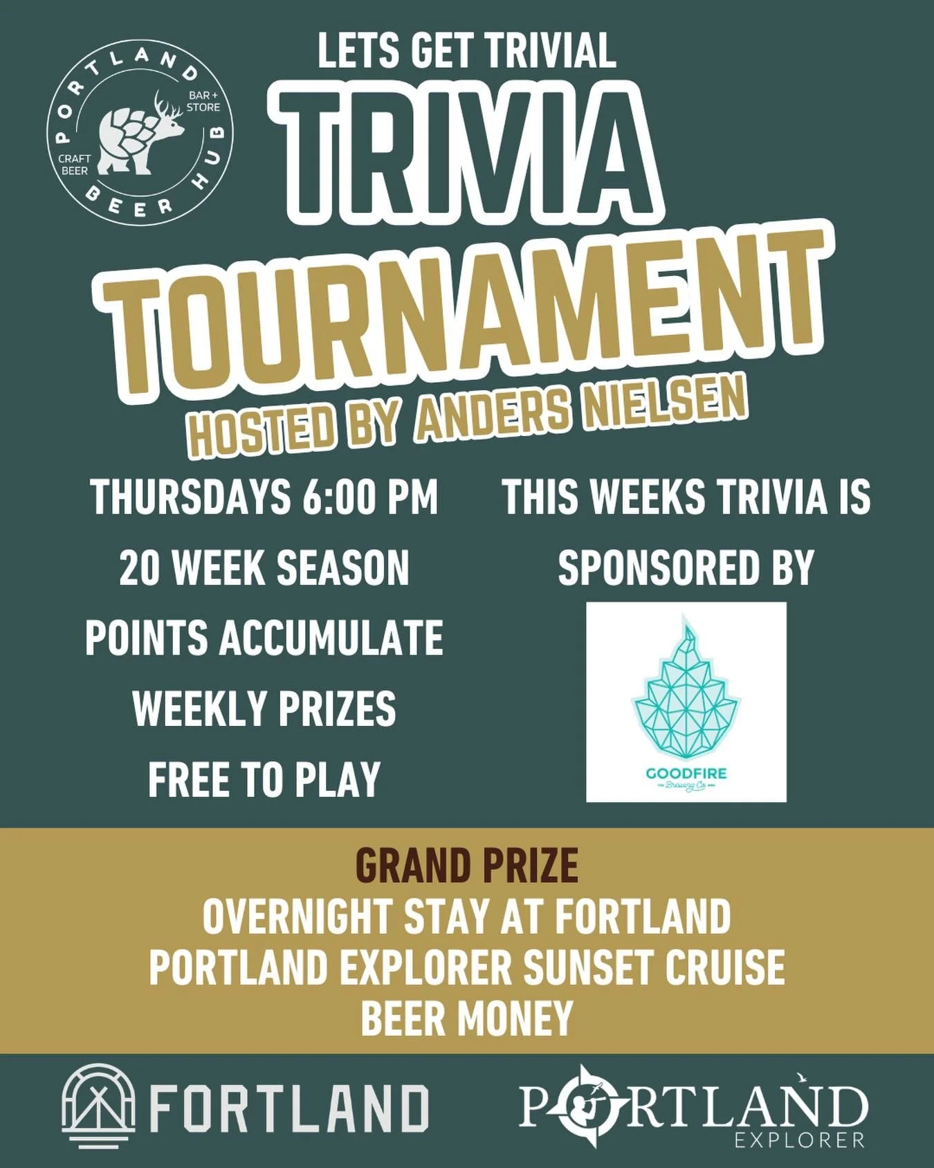 Almost trivia time 🧠🍻

Our Trivia Tournament is in full swing &mdash; every Thursday at 6 PM hosted by Anders Nielsen.

✔️ Free to play
✔️ Drink specials
✔️ Weekly prizes
✔️ Points accumulate all season

Grand prize?
An overnight stay at Fortland, 