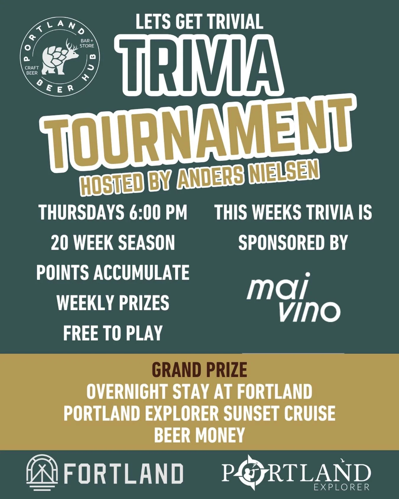 Trivia night is back this Thursday at 6 PM &mdash; and this week is sponsored by Mai Vino 🍷

Free Mai Vino tasting from 4&ndash;6 PM, then stick around for trivia.

Weekly prizes. Season-long points. Grand prize on the line.
Bring your team, grab a 