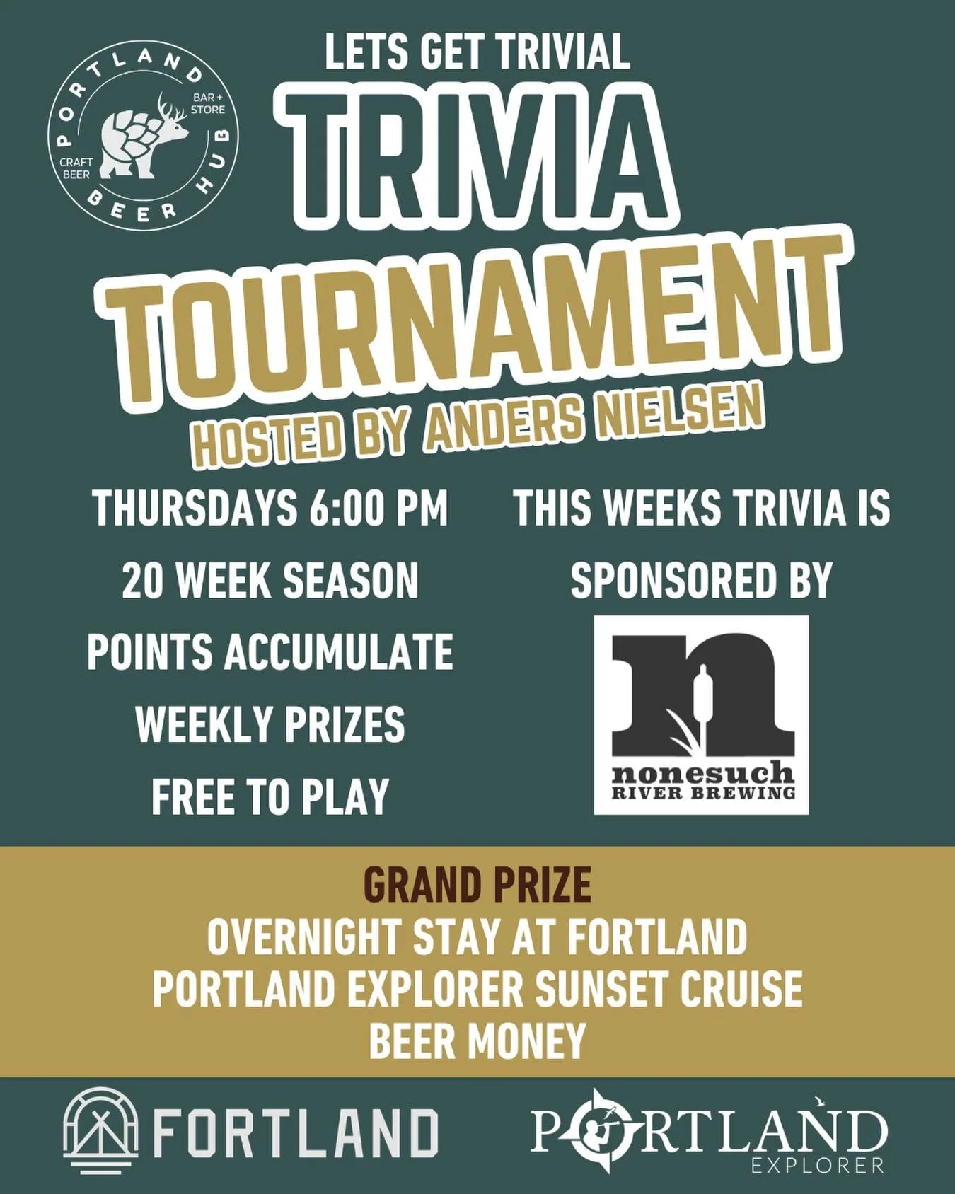 Trivia Tournament continues this Thursday. Daily prizes. Free to play. Beer specials.