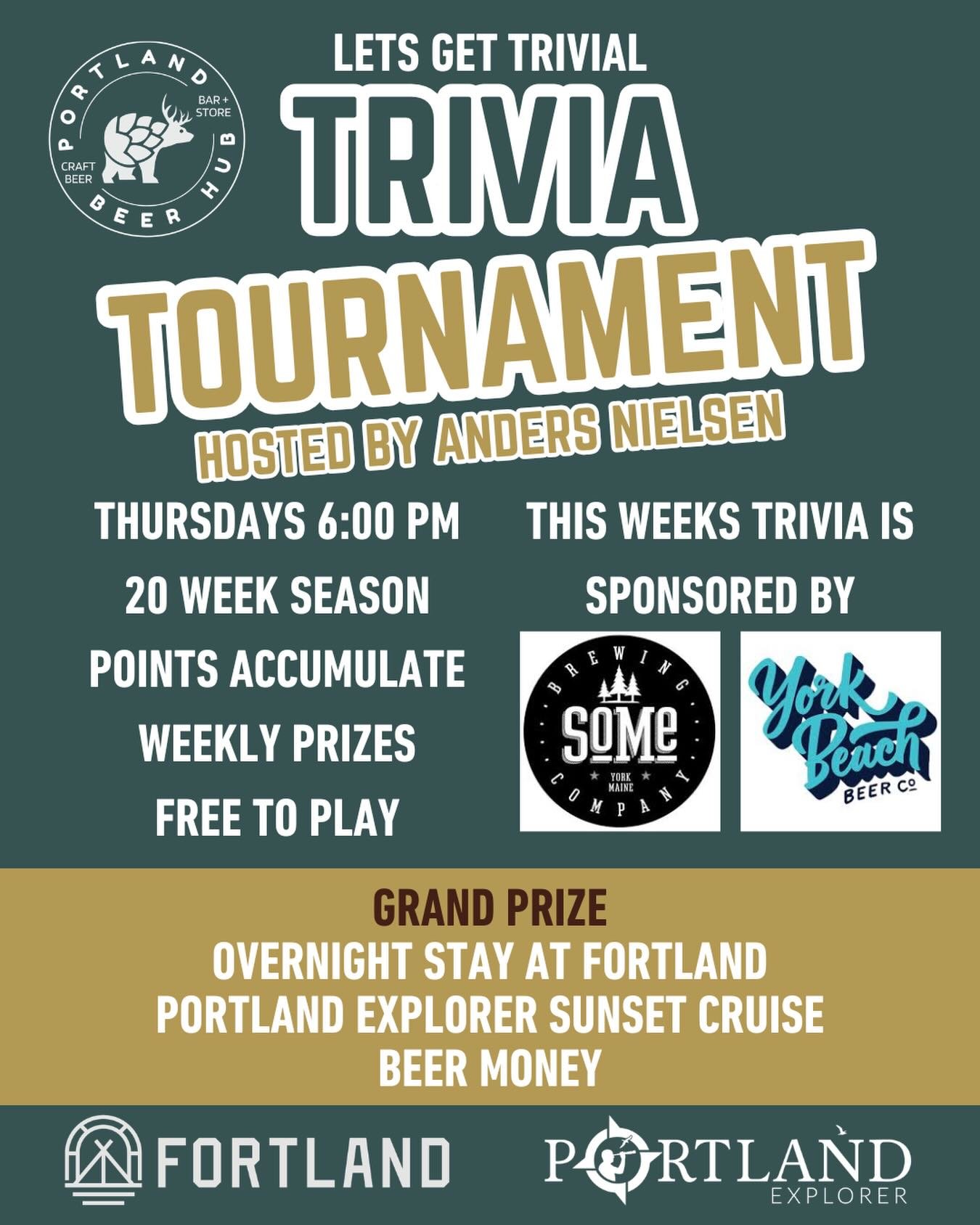 Thursdays just got competitive.

Join us for a Trivia Tournament at The Beer Hub&mdash;6PM, free to play, weekly prizes, and a season-long leaderboard with a grand prize worth showing up for. This week sponsored by SoMe brewing and York Beach Beer Co