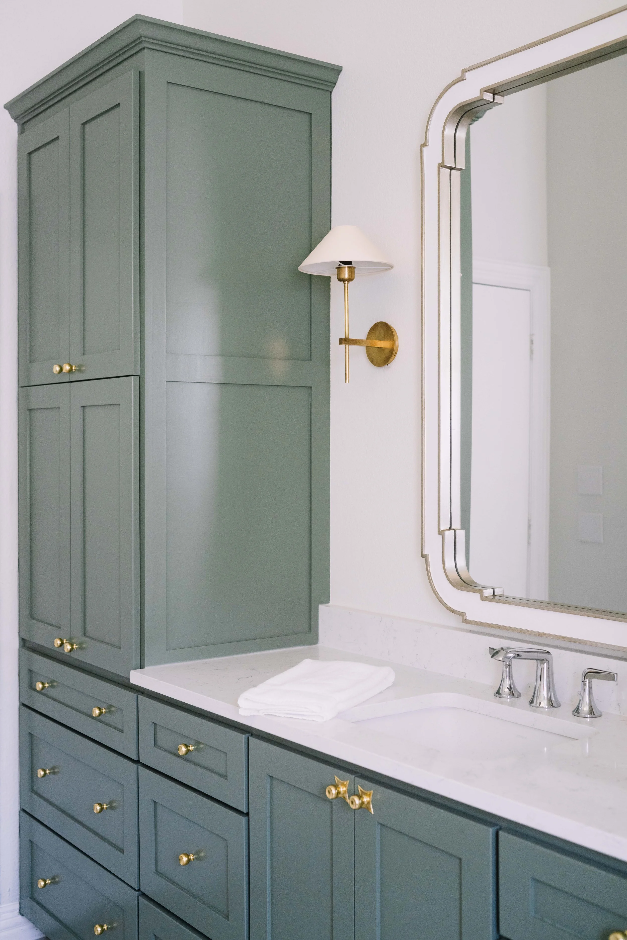 New sage green cabinet design and new materials without changing plumbing