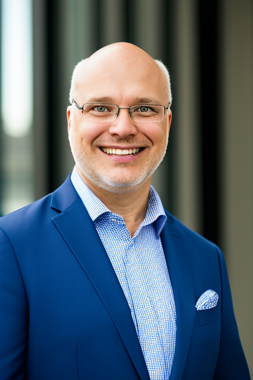 Smiling man in a blue suit and glasses standing indoors