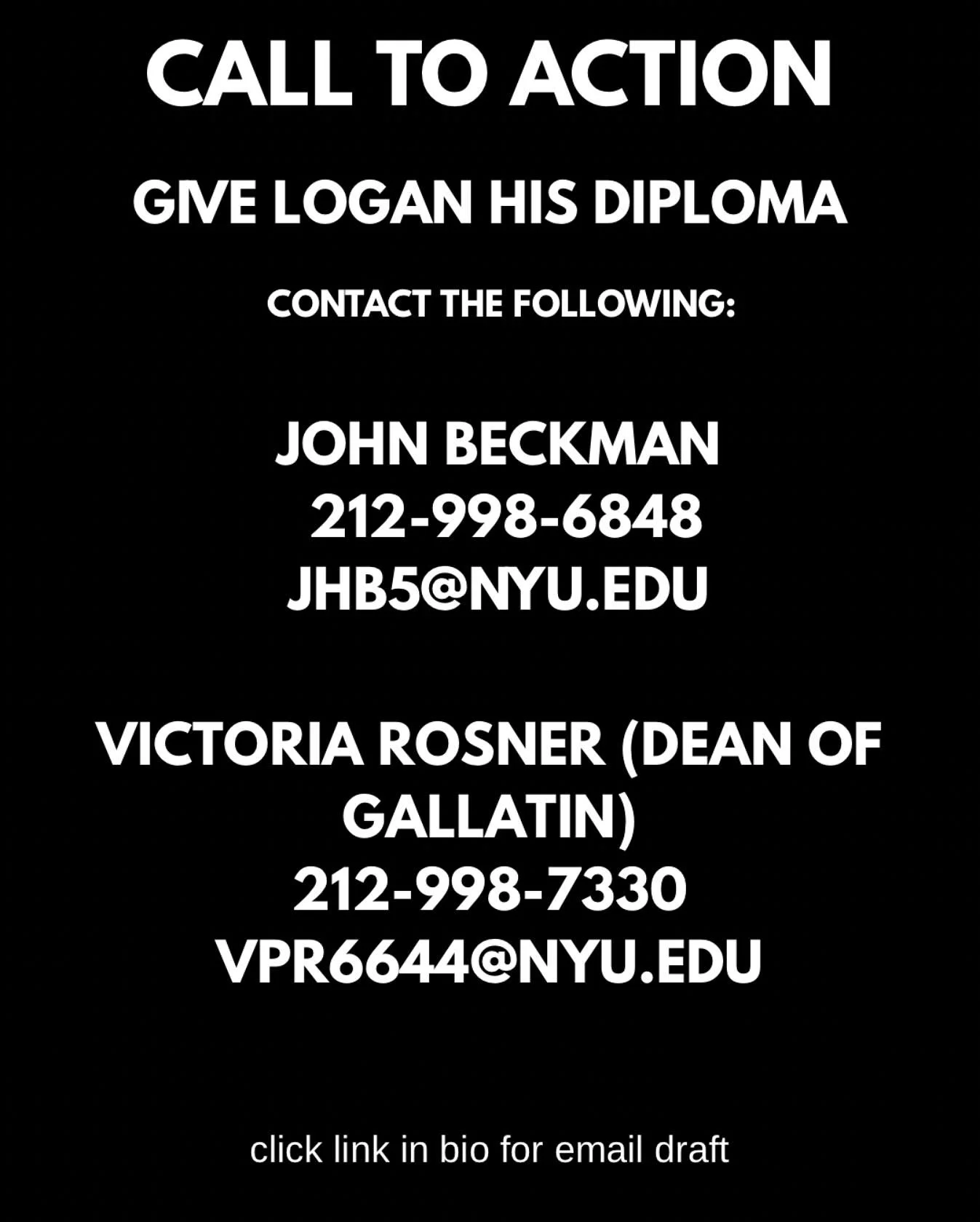 Logan&rsquo;s bravery should not be punished 🚨 
When sending emails be sure to edit draft to bypass spam filters *** (link to email draft in our bio/story) 
Keep pressure! Keep emailing/calling!🇵🇸