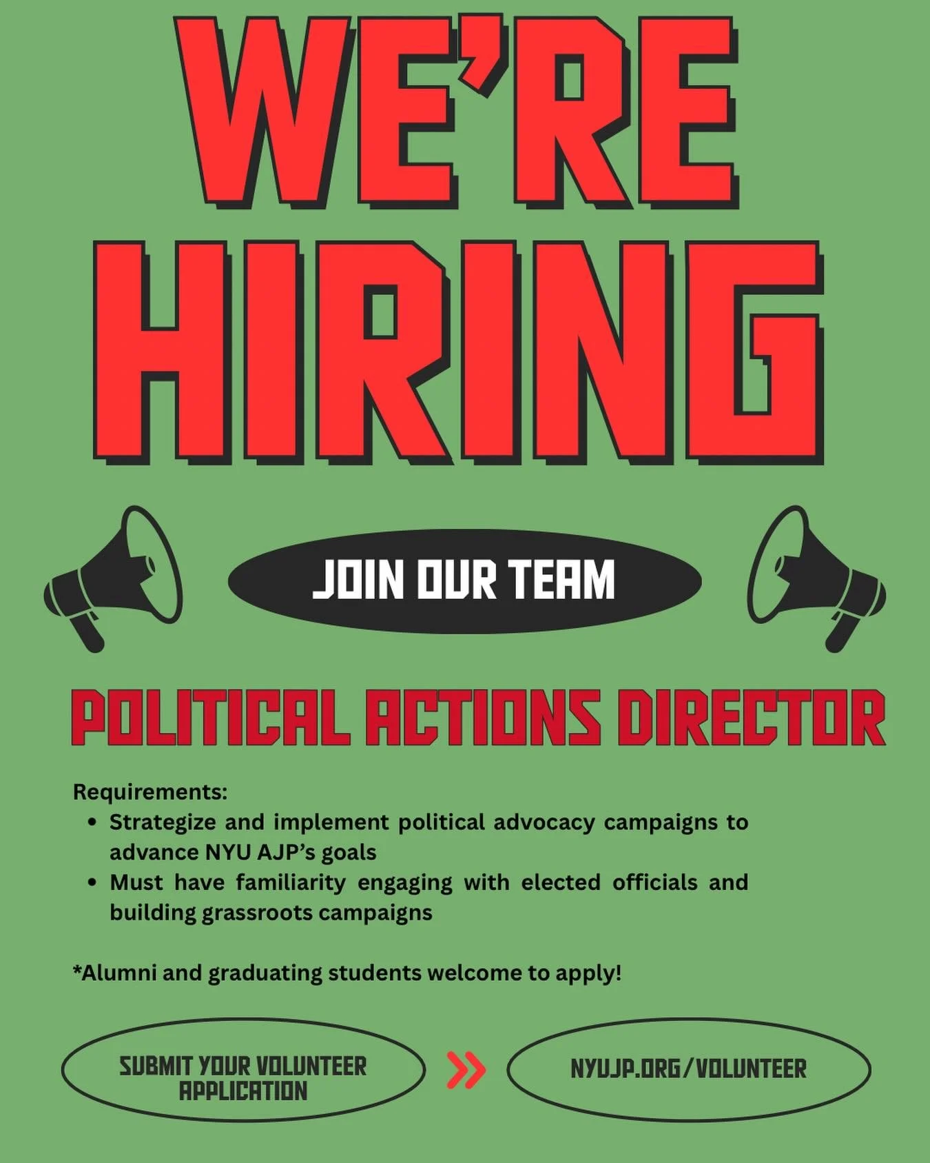 Friends we&rsquo;re looking for a Political Actions Director to join our team! Submit your application today at nyuajp.org/volunteer or feel free to DM us to nominate someone you think would fit the role!