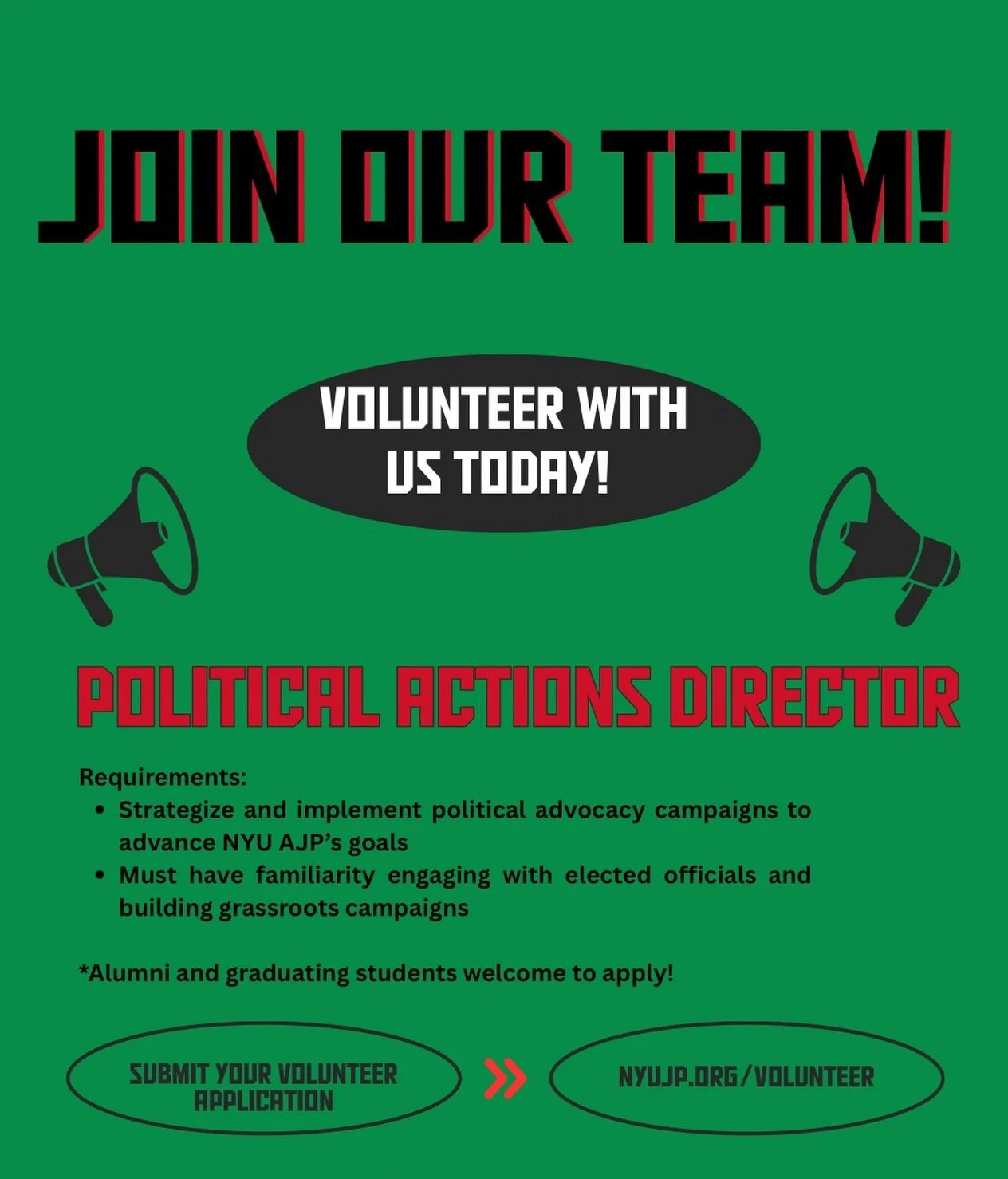 Friends we are looking for a political actions director to join our team! 🇵🇸Apply at www.nyuajp.org/volunteer or feel free to DM us to nominate someone! 
*Graduating seniors encouraged to apply