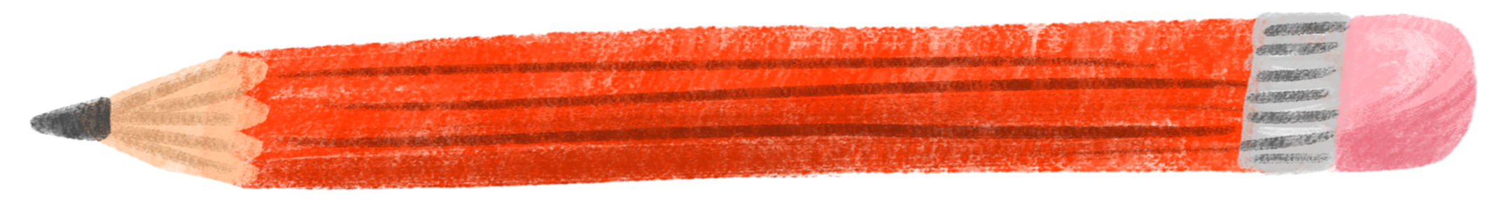 A cartoon drawing of a red-orange colored pencil with a black tip, wrapped with a pink eraser at the opposite end.