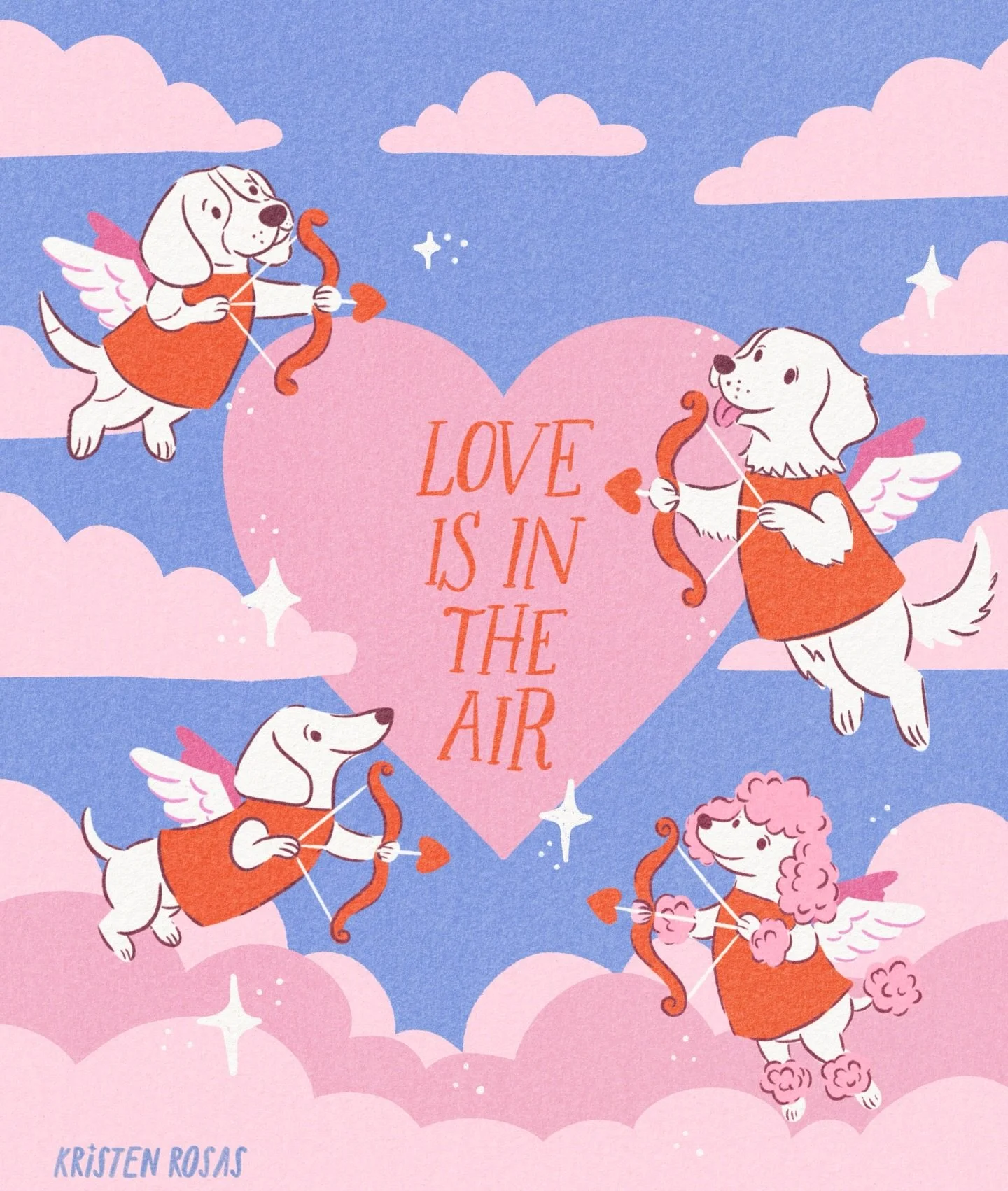 Cupid, but make it puppies 💘 🐶 🐕
I&rsquo;ve been Working through a list of Valentines illustrations that have been on my mind lately! I love the color palettes and the hearts and I just love love. 💗

Illustration, children&rsquo;s illustration, V