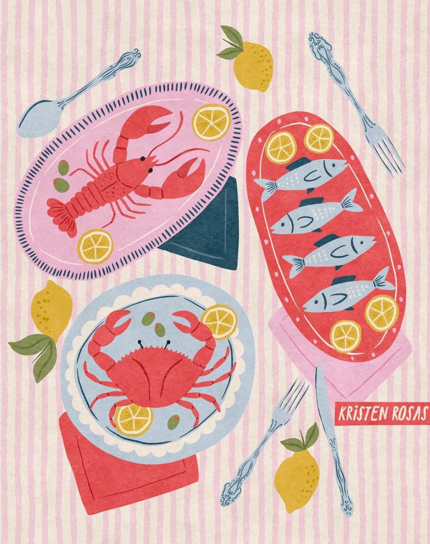 Summer is served! Mariscos y sol ☀️🍋 🦀 🦞 Which platter are you reaching for first? Are you team crab or team lobster? 

🤍
🤍
🤍
Art licensing, surface pattern designer, artist, illustrator, illustrator for hire, freelance artist, designer, summer