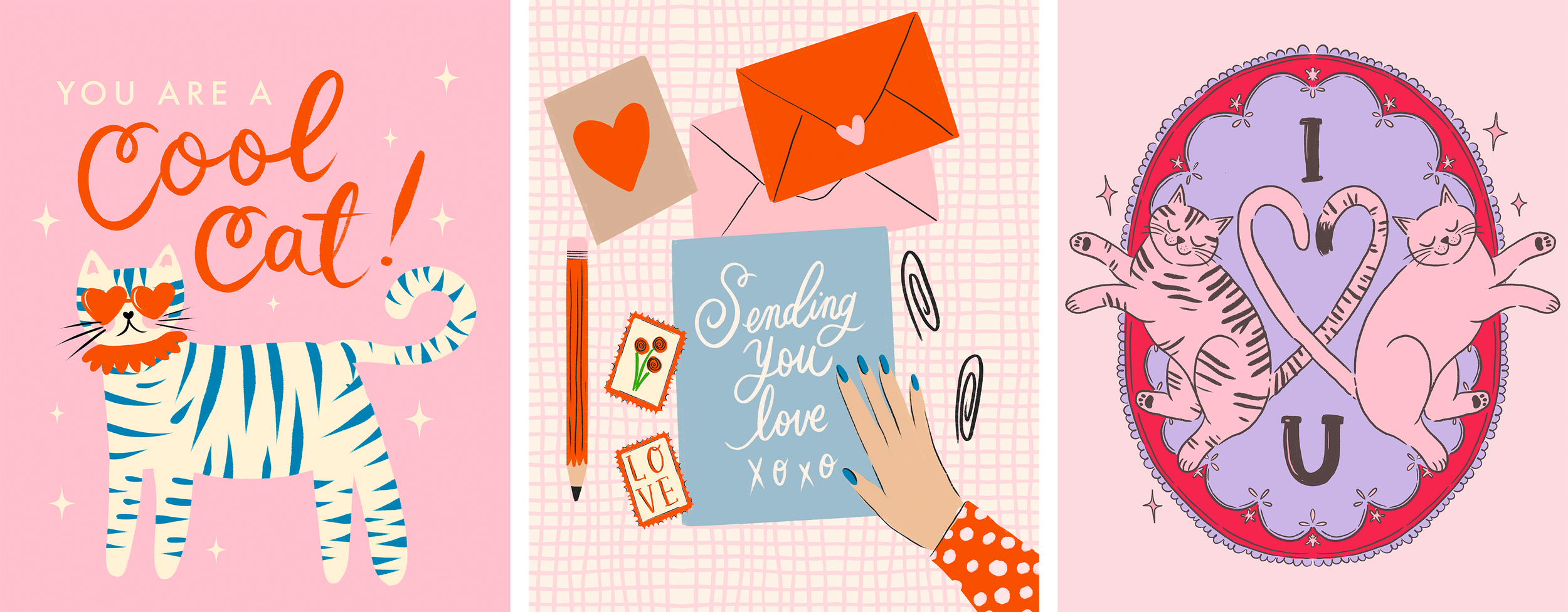 Colorful illustration featuring a cute cat with heart-shaped sunglasses on the left, a center image of a hand writing a love note with envelopes, stamps, and stationery, and a right image with two cats forming a heart shape with their bodies and the letter "U" below them.