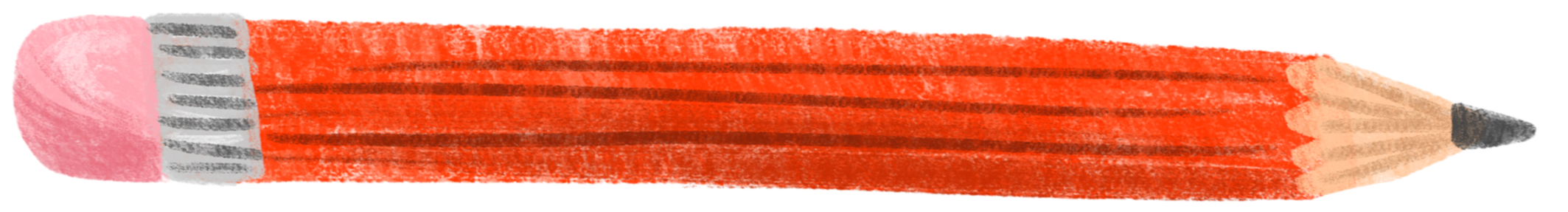 A large pencil with a pink eraser, a silver band, an orange body with black stripes, and a sharpened tip.