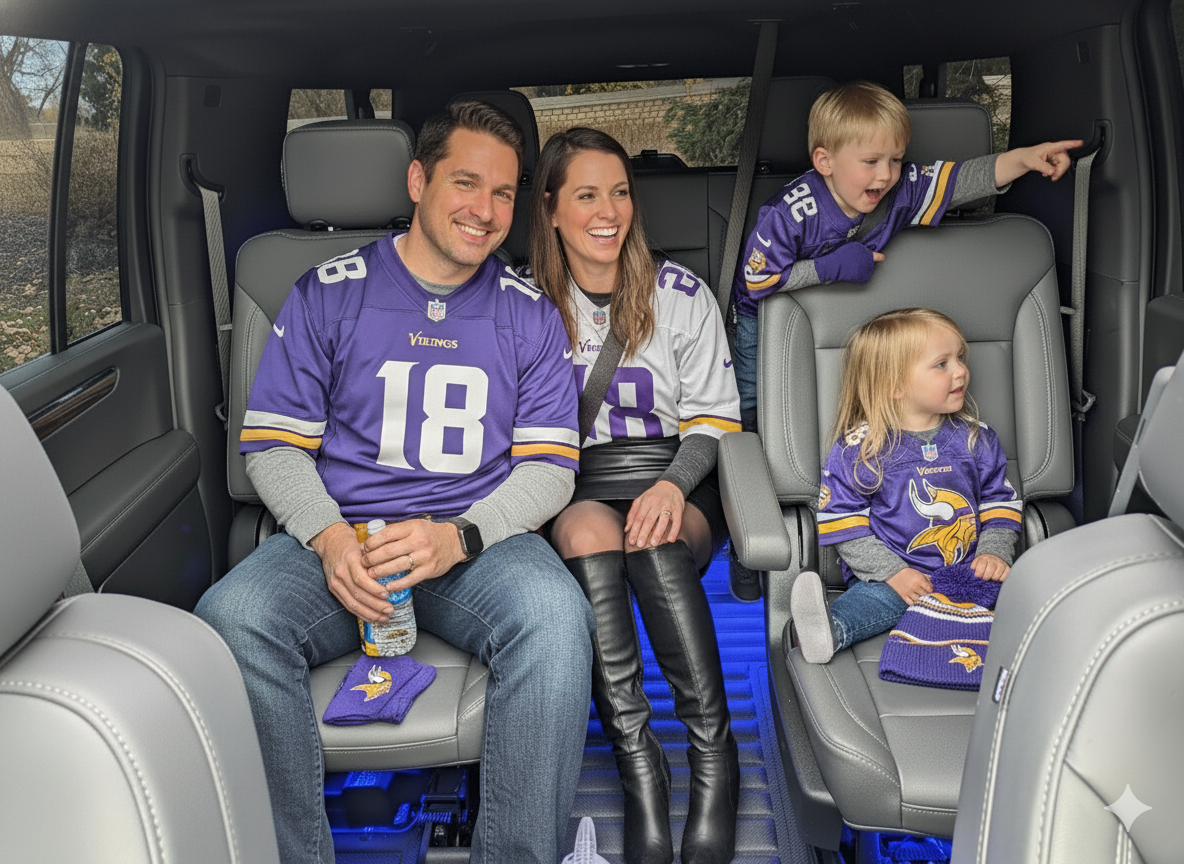 Family in Vikings jerseys riding in a chauffeured SUV to a game in Minneapolis