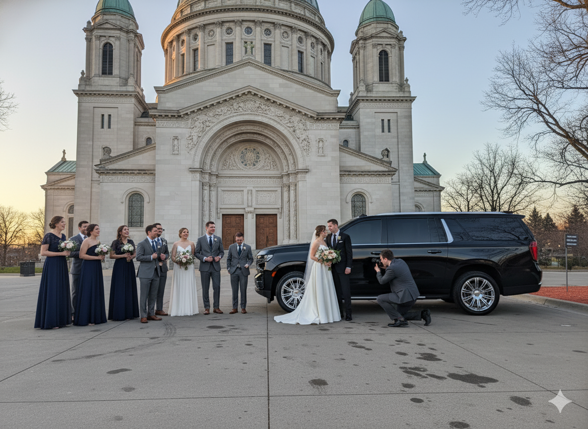 Wedding party with a chauffeured black SUV outside a cathedral in the Twin Cities