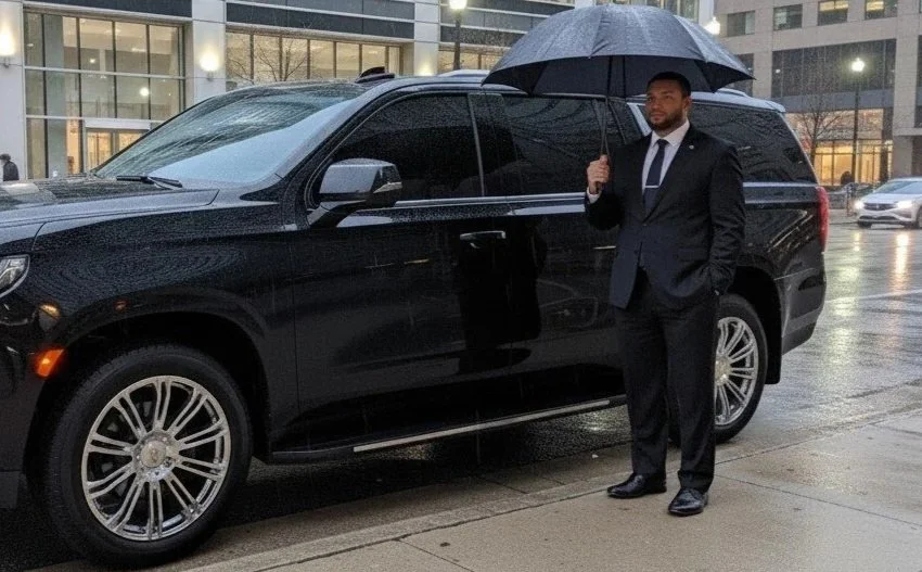 For Sure Luxury chauffeur holding an umbrella beside the 2025 Limo Custom Suburban on a rainy day in Minneapolis