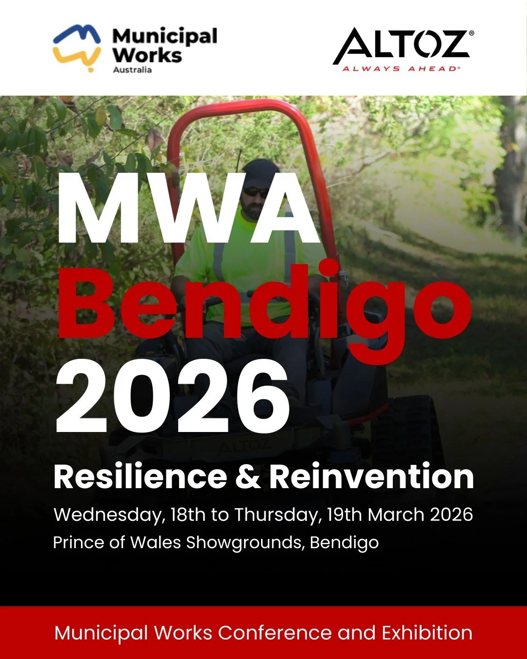 Altoz Mowers at the 2026 @municipalworksaustralia Municipal Works Conference!

Come see Altoz in action at the 2026 National Municipal Works Conference &amp; Exhibition in Bendigo! We&rsquo;ll be at Site B03 from Wednesday, 18 &ndash; Thursday, 19 Ma
