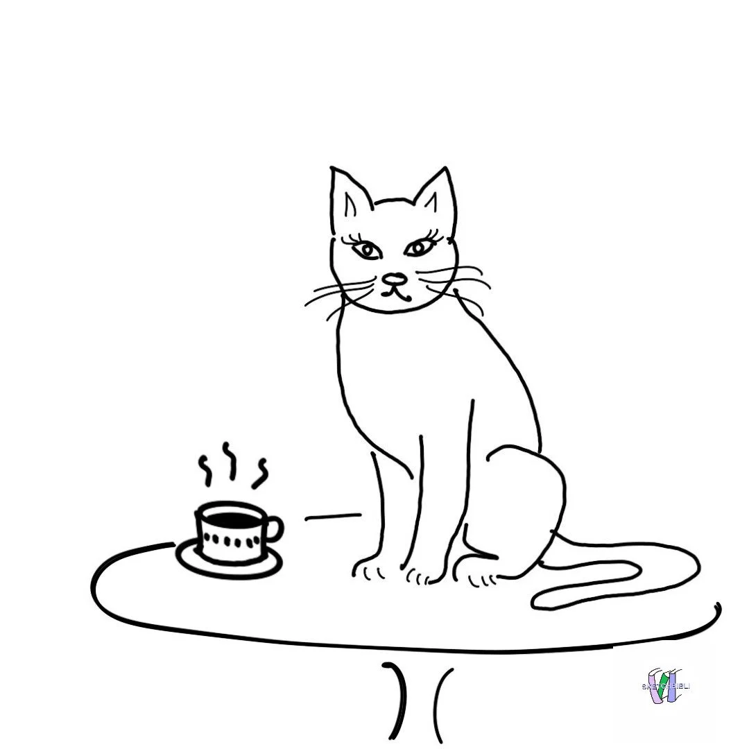 Cat with coffee by Sketchbibli, All Rights Reserved.