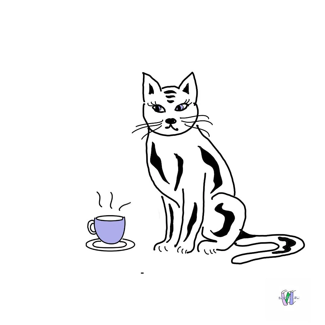 Cat with lilac cup, by Sketchbibli, All rights reserved.
