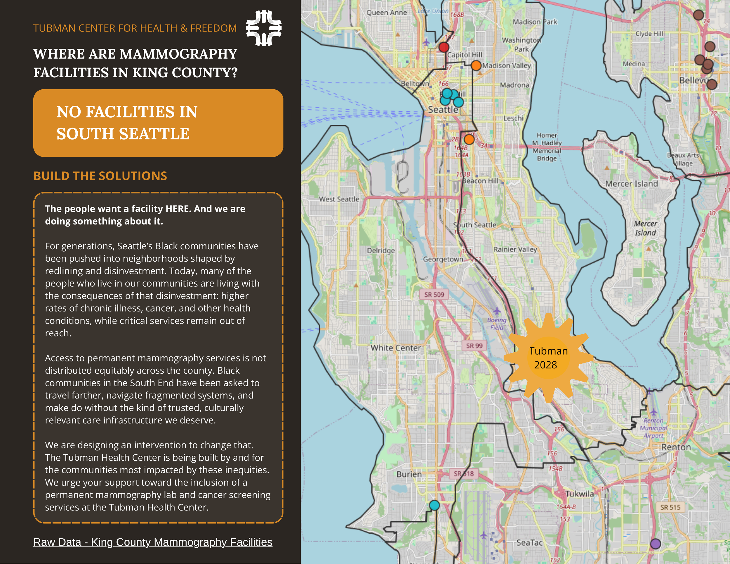King County mammography access map showing the distribution of mammography facilities and the access gap in South Seattle