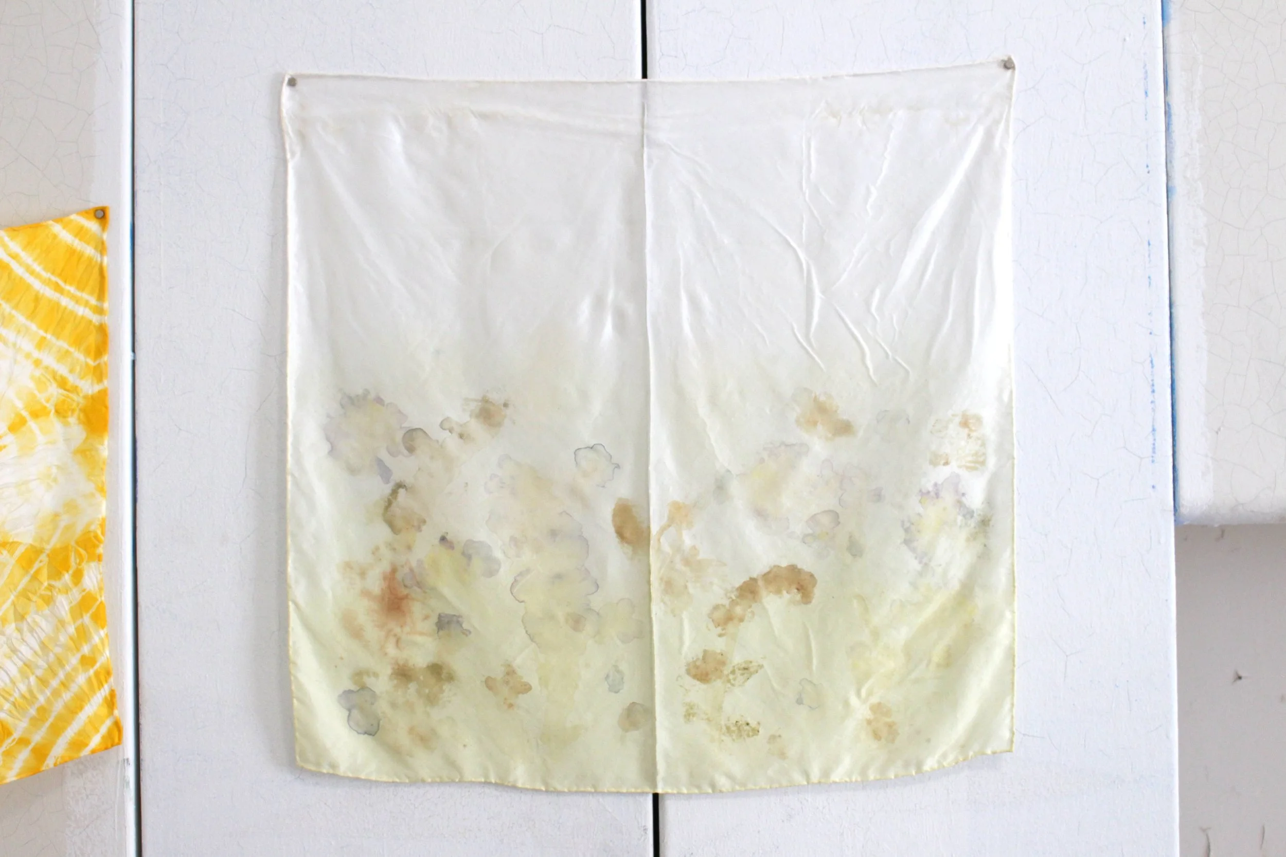 AnkhLave Artist Residency on Governors Island. Assorted spring ephemerals and wolf lichen on silk, May 2024. 