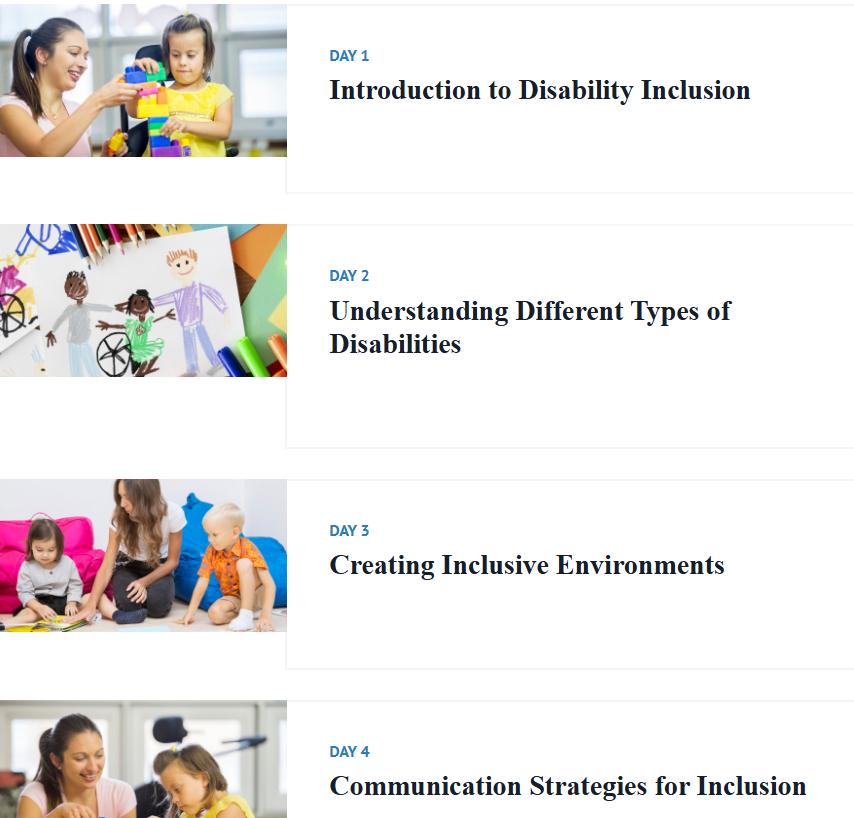 A schedule outlining a four-day course on disability inclusion, with images of children and adults engaging in inclusive activities and learning.