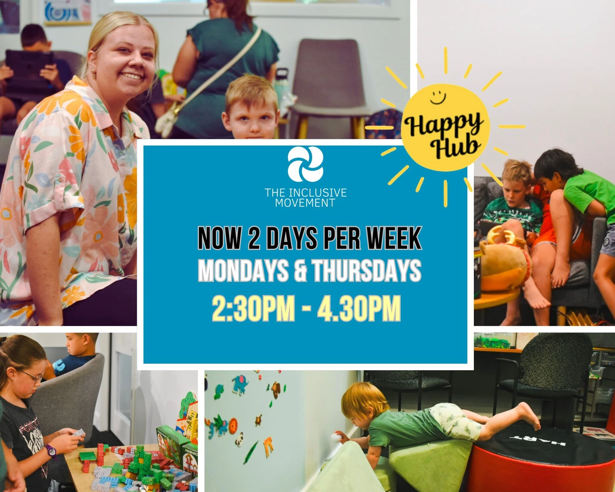 Have you heard the exciting news?! 

Our Happy Hub Hangout sessions are now available 2 days per week, Mondays AND Thursdays, during school terms. 

Our first Thursday session is today! :) 

Remember, bookings are essential. Confirm your place 
https