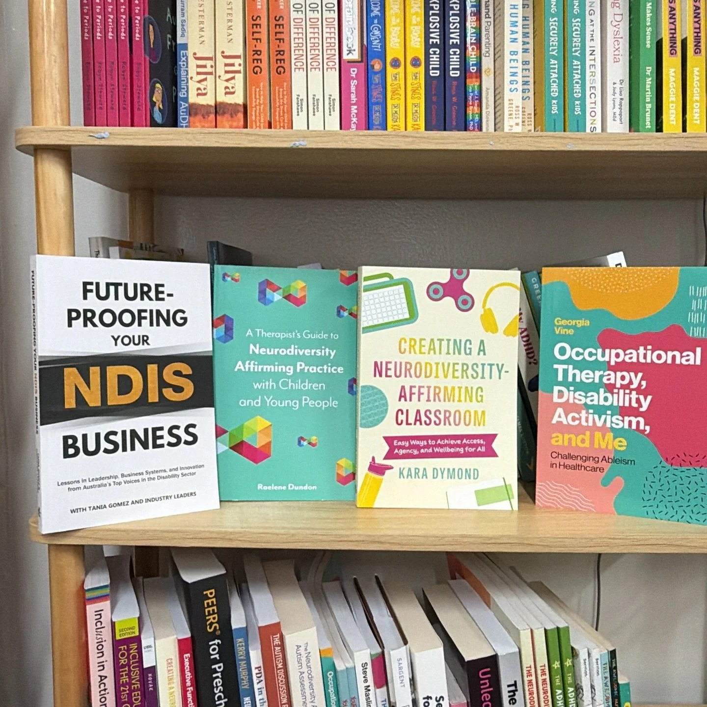 ✨This weeks Professional Resource Picks ✨

Available Instore and online 
www.inclusivemovement.com.au/shop

Image Description: 
4 books forward facing on a bookshelf. 
Book 1: Future proofing your NDIS Business with Tania Gomez and industry Leaders
B